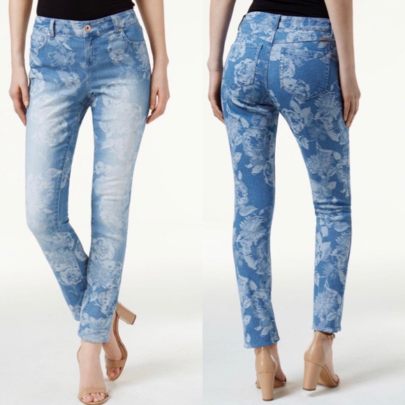 NEW INC International Concepts Indigo Floral Jacquard Skinny Leg Jeans Size 16 - Picture 1 of 7